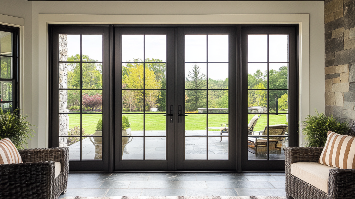 Mosaic French Doors with slim black aluminum frames opening to a patio